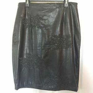 Black faux leather embroidered pencil skirt--size